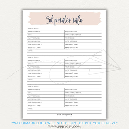 3D Printer Information Printable PDF Template for tracking printer details.

