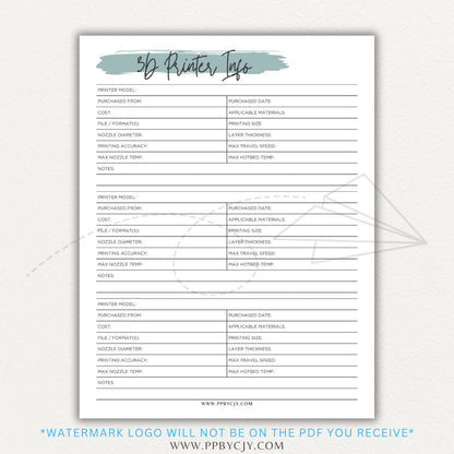 3D Printer Information Printable PDF Template for tracking printer details.

