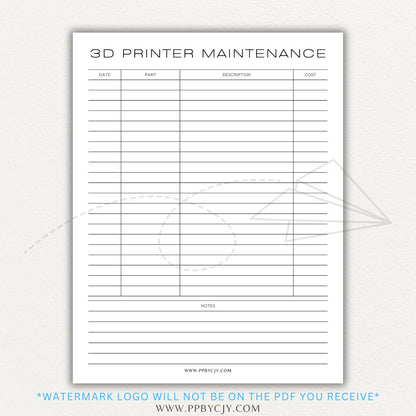 3D Printer Maintenance Printable PDF Template for tracking upkeep and repairs.

