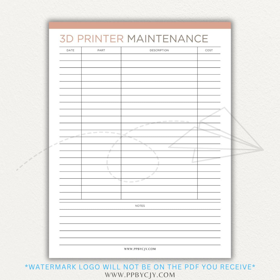 3D Printer Maintenance Printable PDF Template for tracking upkeep and repairs.

