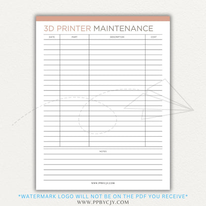 3D Printer Maintenance Printable PDF Template for tracking upkeep and repairs.

