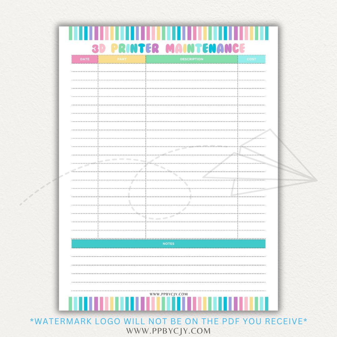 3D Printer Maintenance Printable PDF Template for tracking upkeep and repairs.

