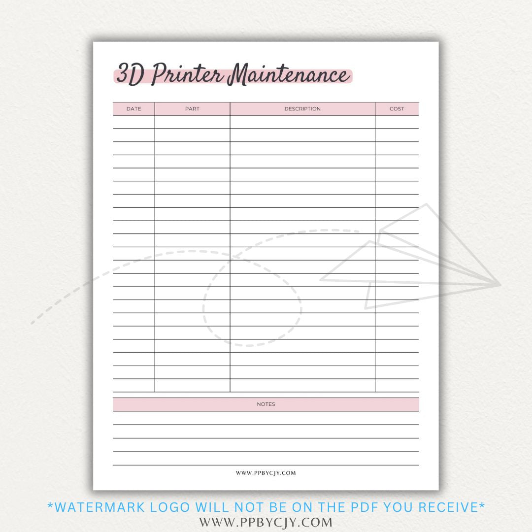 3D Printer Maintenance Printable PDF Template for tracking upkeep and repairs.

