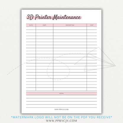 3D Printer Maintenance Printable PDF Template for tracking upkeep and repairs.

