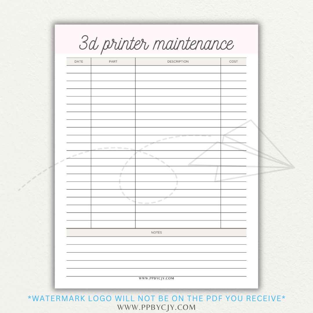 3D Printer Maintenance Printable PDF Template for tracking upkeep and repairs.
