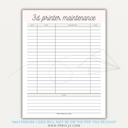 3D Printer Maintenance Printable PDF Template for tracking upkeep and repairs.
