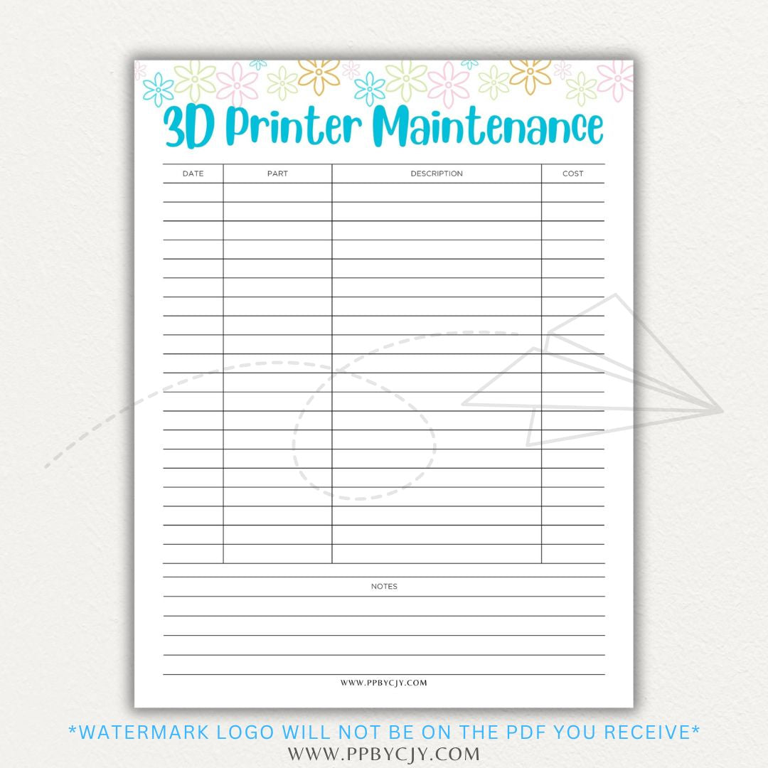 3D Printer Maintenance Printable PDF Template for tracking upkeep and repairs.

