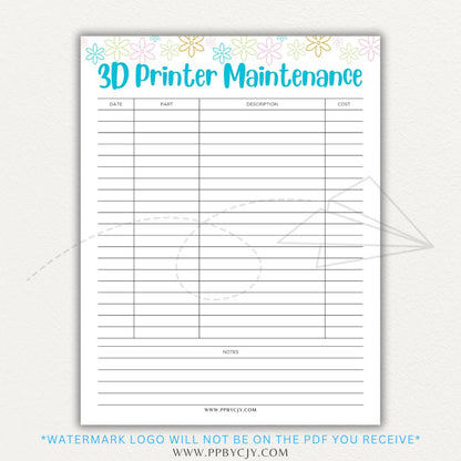 3D Printer Maintenance Printable PDF Template for tracking upkeep and repairs.

