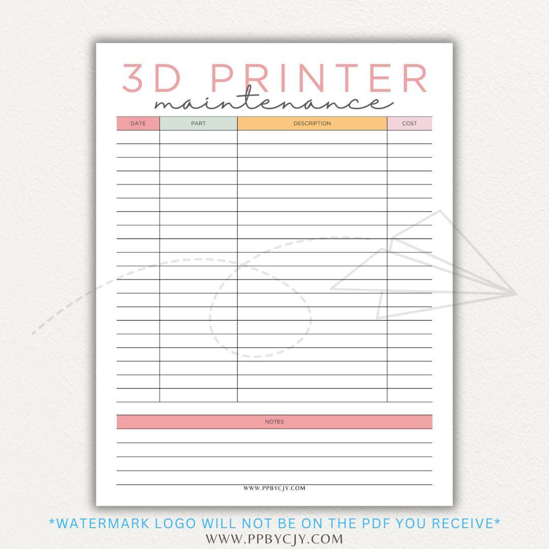 3D Printer Maintenance Printable PDF Template for tracking upkeep and repairs.

