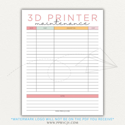 3D Printer Maintenance Printable PDF Template for tracking upkeep and repairs.

