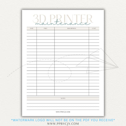 3D Printer Maintenance Printable PDF Template for tracking upkeep and repairs.

