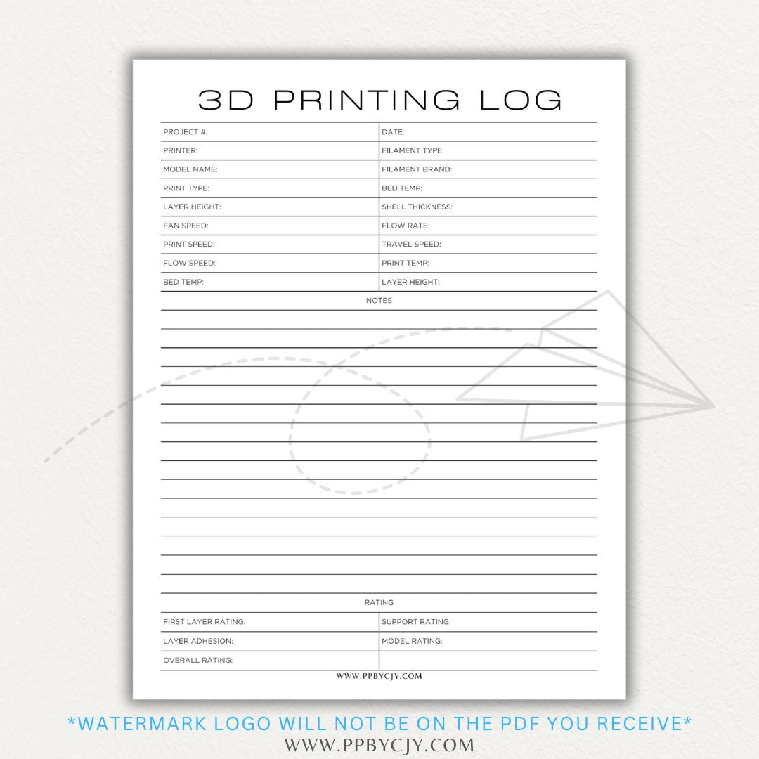 3D Printing Log Printable Template for tracking print settings, filament type, print time, and results, perfect for makers and hobbyists.

