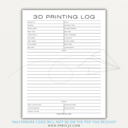 3D Printing Log Printable Template for tracking print settings, filament type, print time, and results, perfect for makers and hobbyists.

