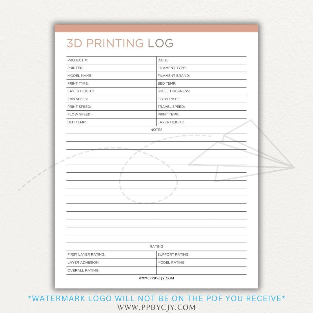 3D Printing Log Printable Template for tracking print settings, filament type, print time, and results, perfect for makers and hobbyists.

