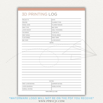 3D Printing Log Printable Template for tracking print settings, filament type, print time, and results, perfect for makers and hobbyists.

