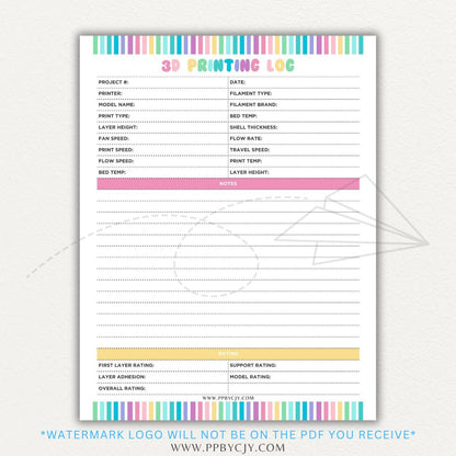 3D Printing Log Printable Template for tracking print settings, filament type, print time, and results, perfect for makers and hobbyists.

