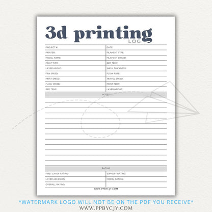 3D Printing Log Printable Template for tracking print settings, filament type, print time, and results, perfect for makers and hobbyists.

