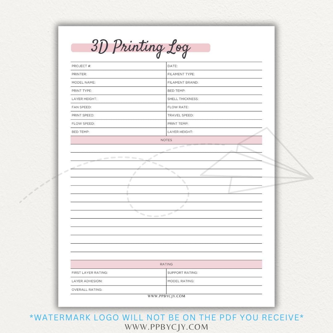 3D Printing Log Printable Template for tracking print settings, filament type, print time, and results, perfect for makers and hobbyists.

