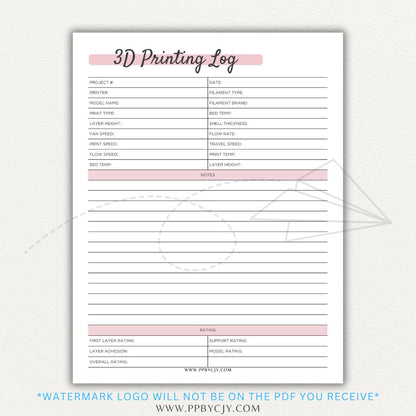 3D Printing Log Printable Template for tracking print settings, filament type, print time, and results, perfect for makers and hobbyists.

