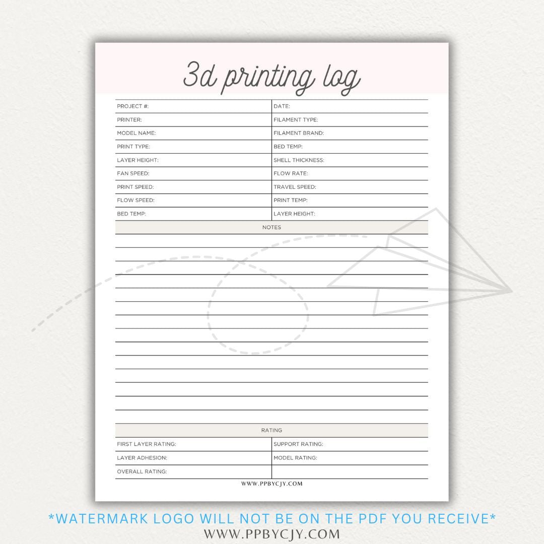 3D Printing Log Printable Template for tracking print settings, filament type, print time, and results, perfect for makers and hobbyists.

