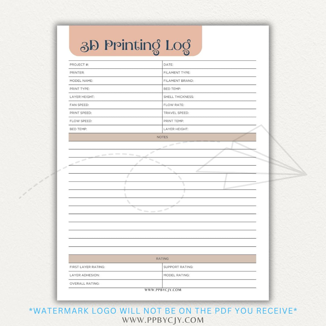 3D Printing Log Printable Template for tracking print settings, filament type, print time, and results, perfect for makers and hobbyists.

