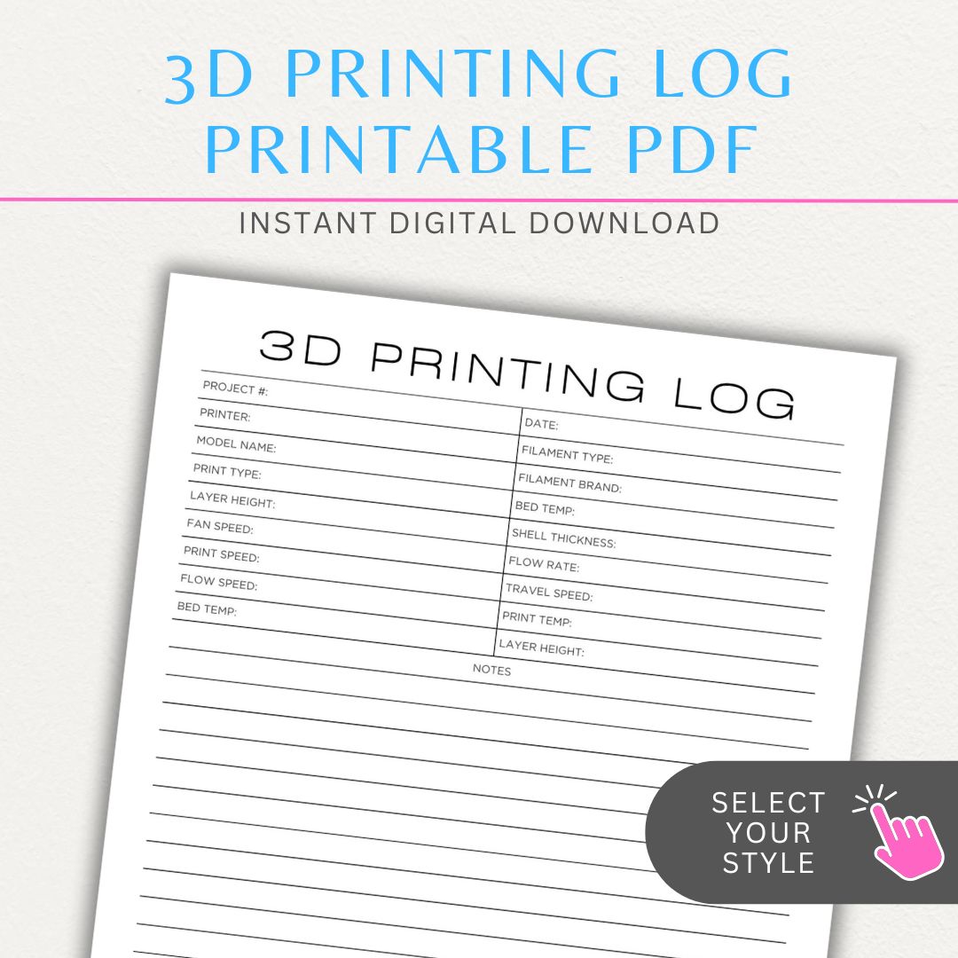 3D Printing Log Printable Template for tracking print settings, filament type, print time, and results, perfect for makers and hobbyists.

