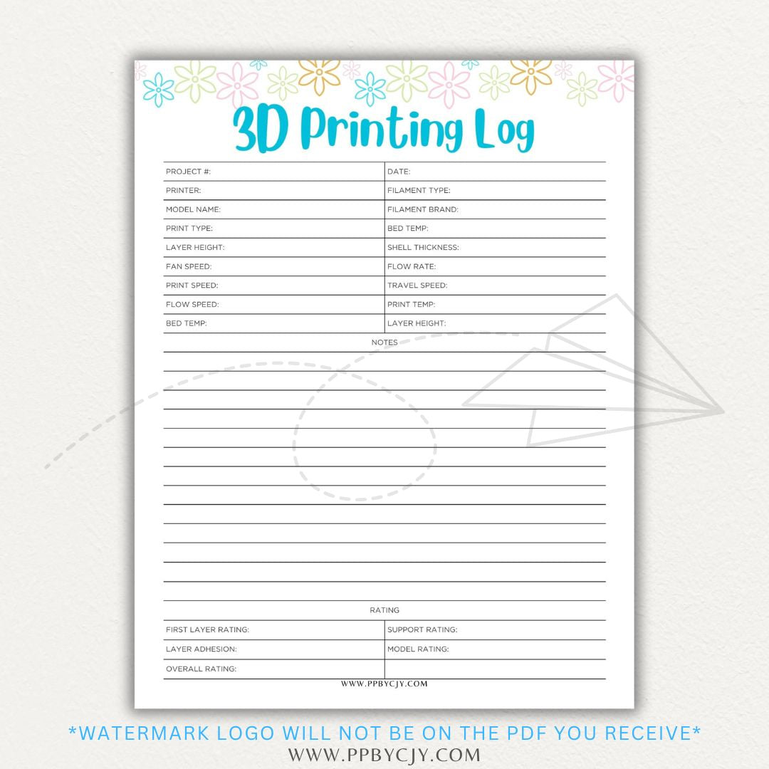 3D Printing Log Printable Template for tracking print settings, filament type, print time, and results, perfect for makers and hobbyists.

