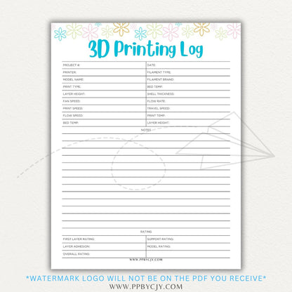 3D Printing Log Printable Template for tracking print settings, filament type, print time, and results, perfect for makers and hobbyists.

