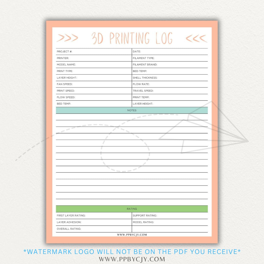 3D Printing Log Printable Template for tracking print settings, filament type, print time, and results, perfect for makers and hobbyists.

