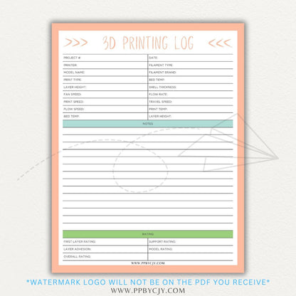 3D Printing Log Printable Template for tracking print settings, filament type, print time, and results, perfect for makers and hobbyists.

