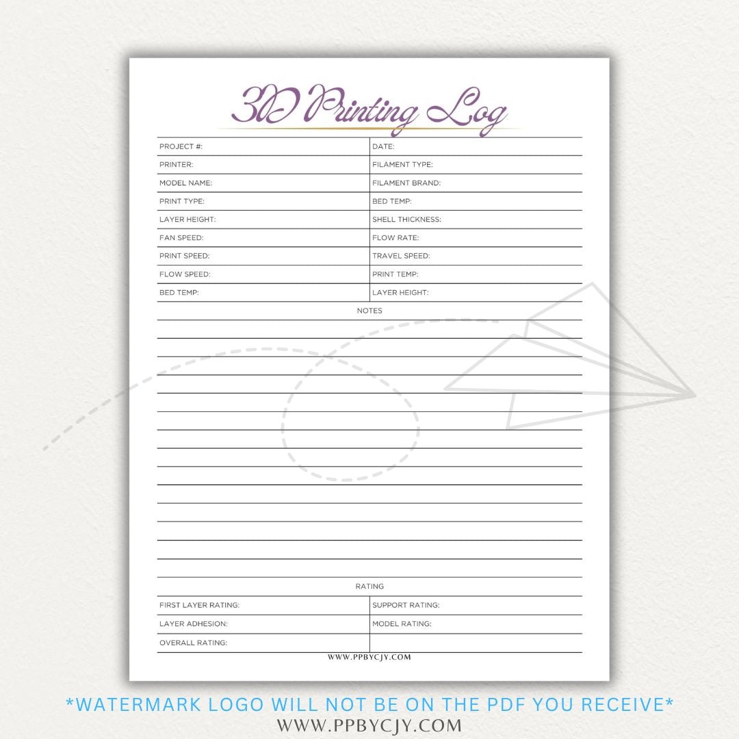 3D Printing Log Printable Template for tracking print settings, filament type, print time, and results, perfect for makers and hobbyists.

