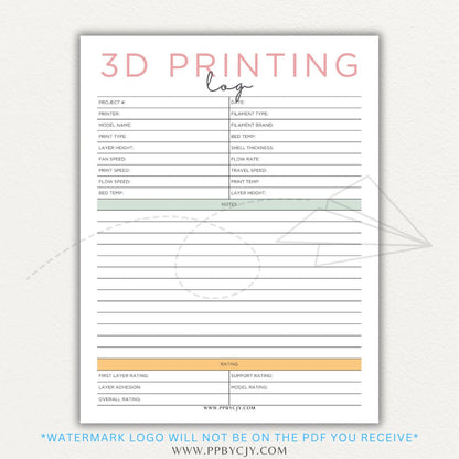 3D Printing Log Printable Template for tracking print settings, filament type, print time, and results, perfect for makers and hobbyists.

