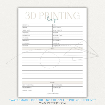 3D Printing Log Printable Template for tracking print settings, filament type, print time, and results, perfect for makers and hobbyists.

