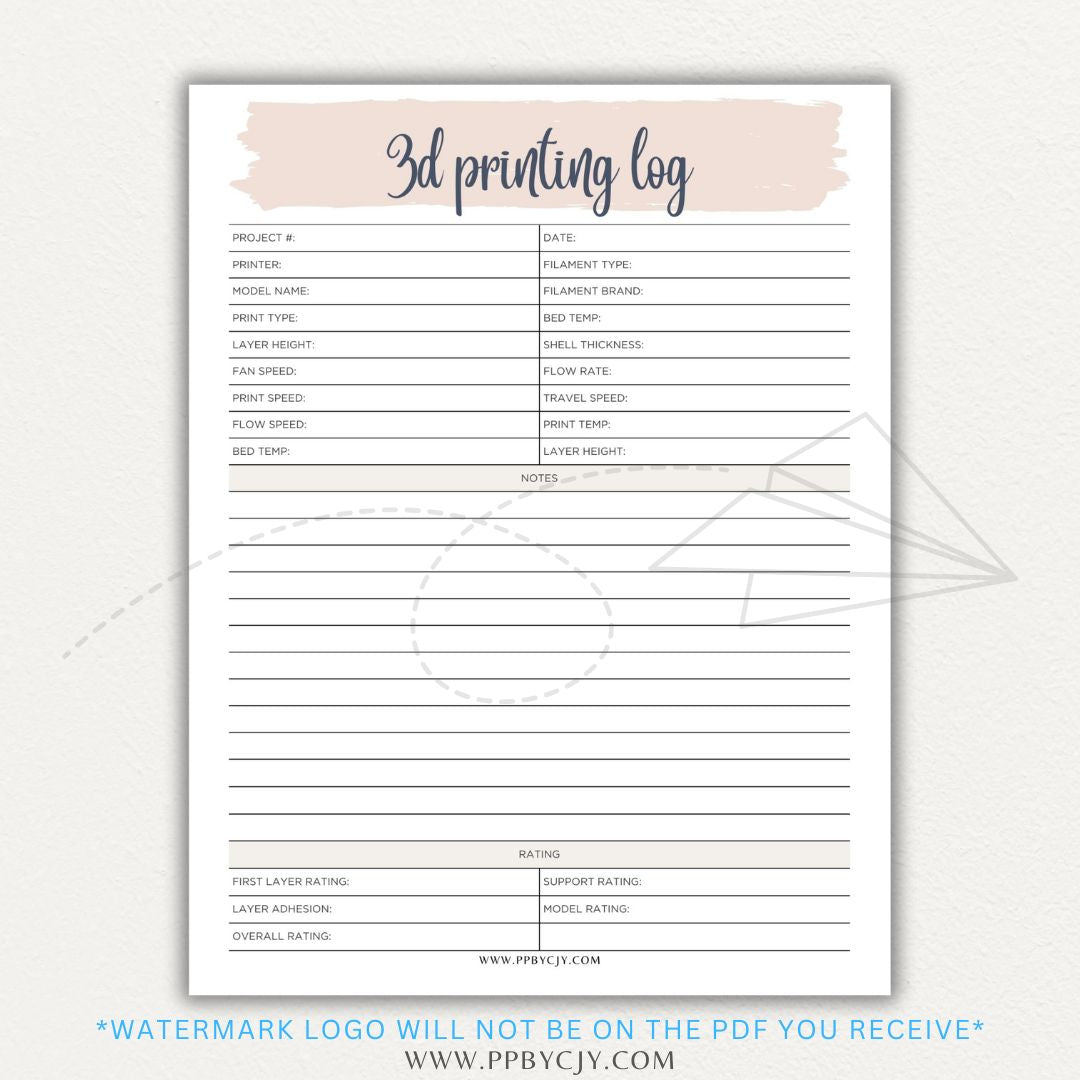 3D Printing Log Printable Template for tracking print settings, filament type, print time, and results, perfect for makers and hobbyists.

