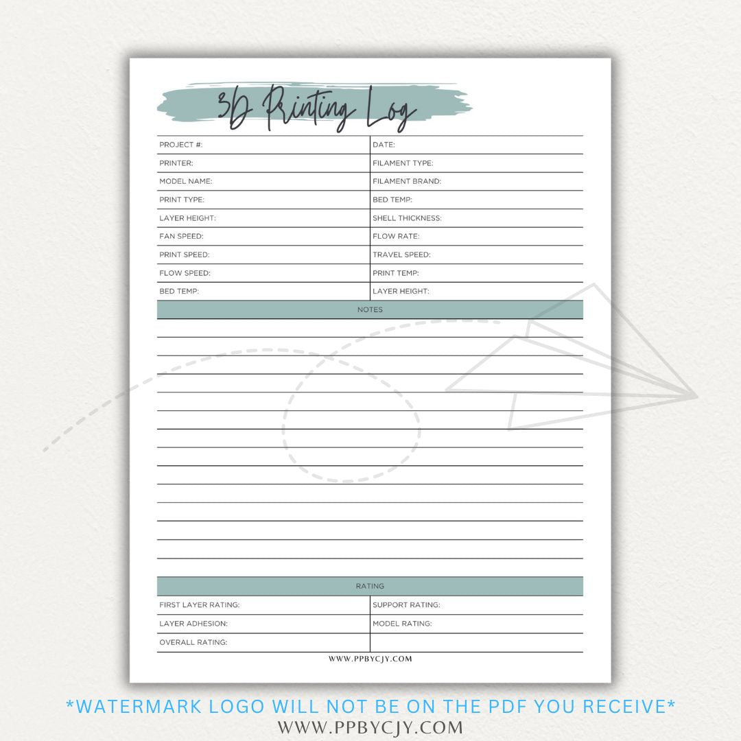 3D Printing Log Printable Template for tracking print settings, filament type, print time, and results, perfect for makers and hobbyists.

