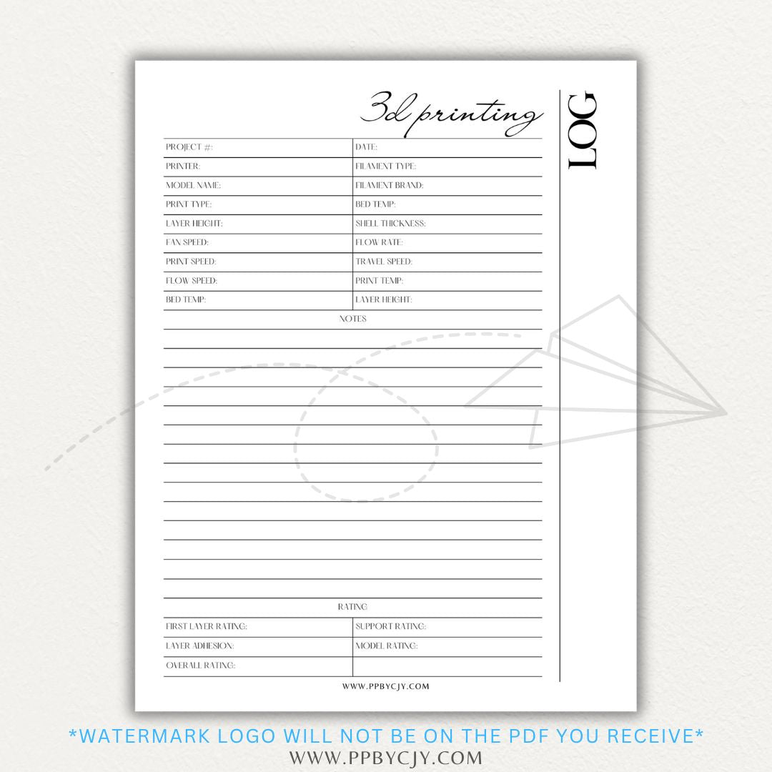 3D Printing Log Printable Template for tracking print settings, filament type, print time, and results, perfect for makers and hobbyists.

