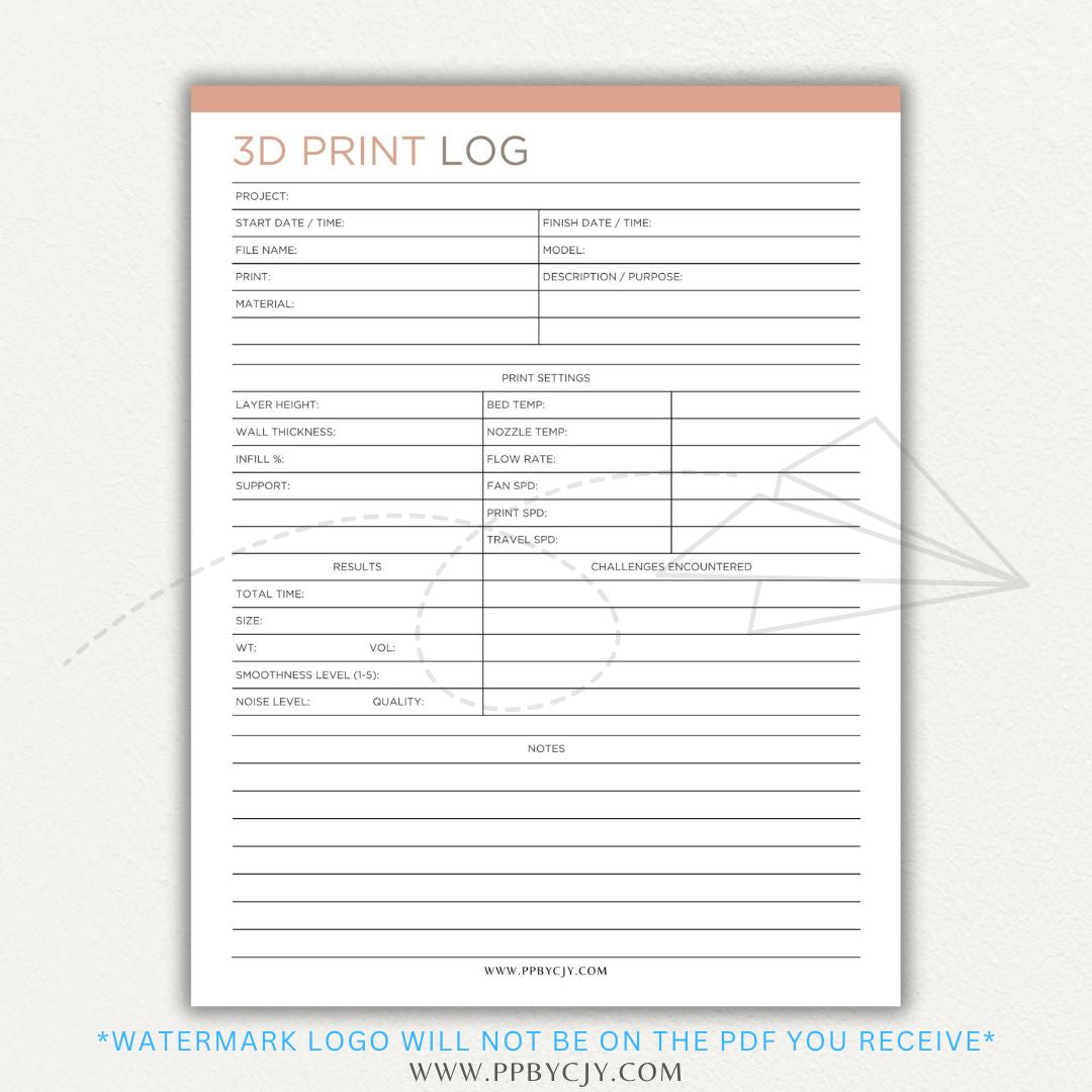 3D Print Log Printable PDF Template with sections for print settings, materials, and results