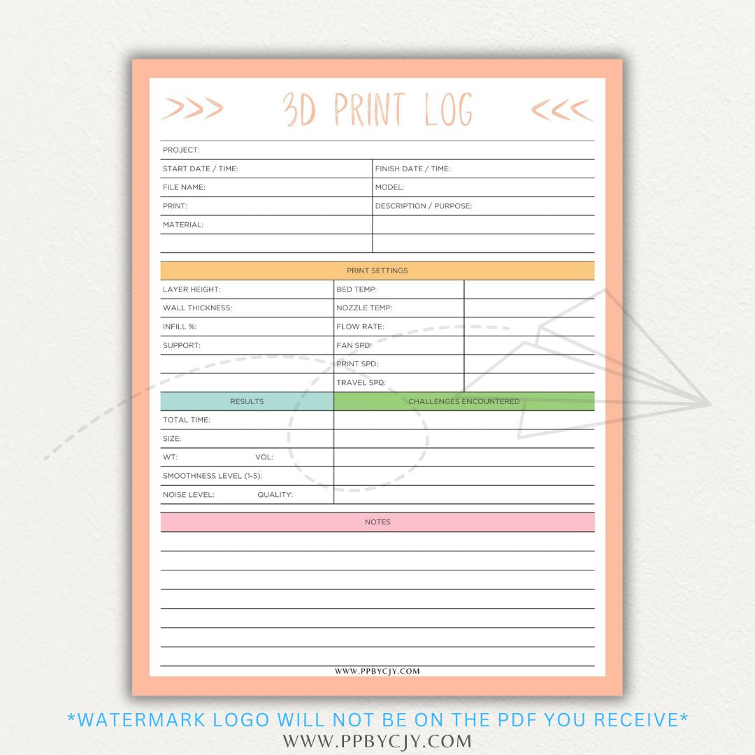 3D Print Log Printable PDF Template with sections for print settings, materials, and results