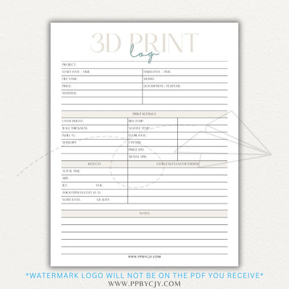 3D Print Log Printable PDF Template with sections for print settings, materials, and results