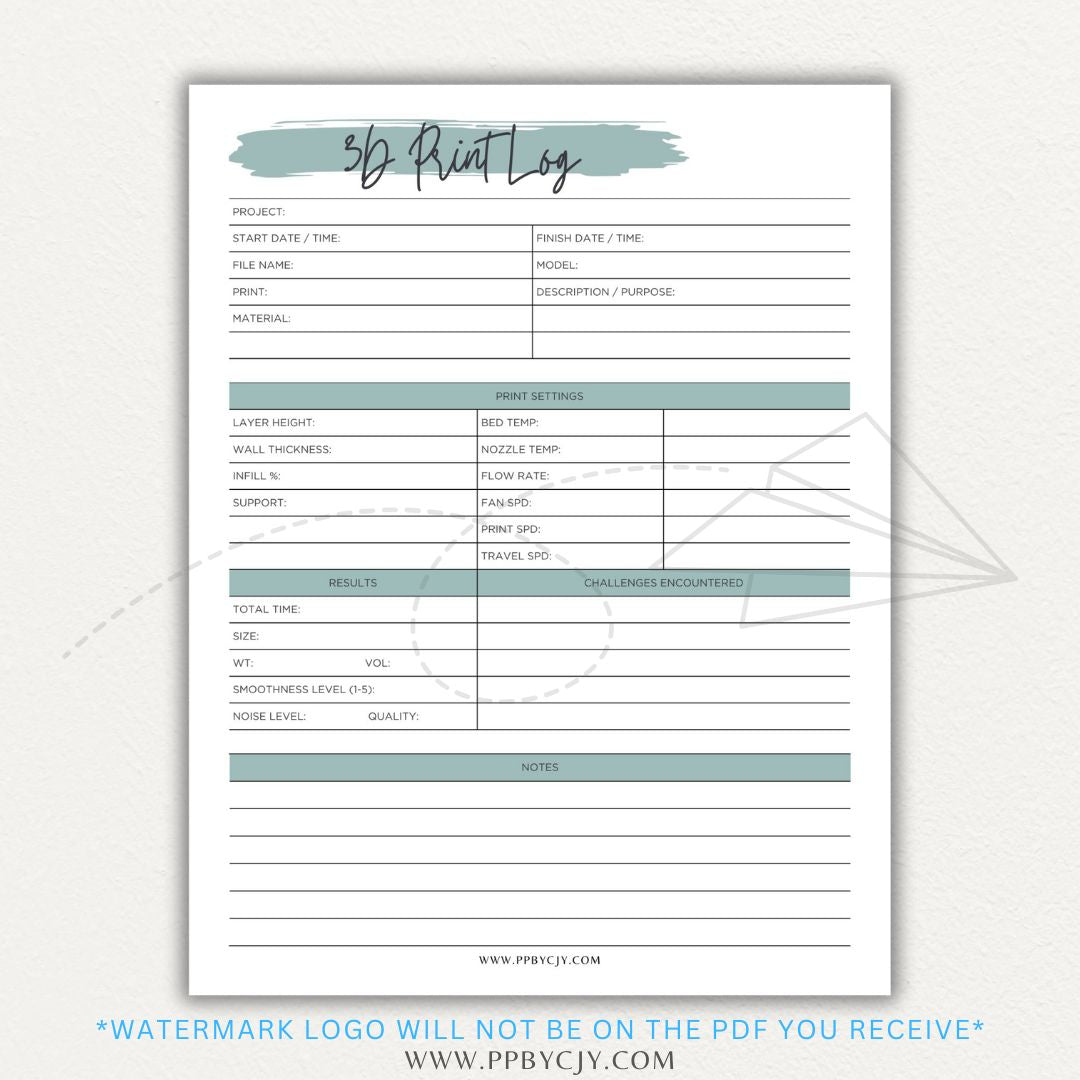 3D Print Log Printable PDF Template with sections for print settings, materials, and results