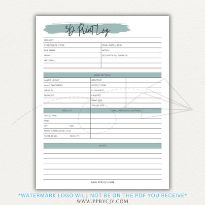 3D Print Log Printable PDF Template with sections for print settings, materials, and results