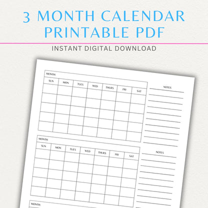 3-Month Calendar Printable Template with a clean layout for quarterly planning and scheduling.