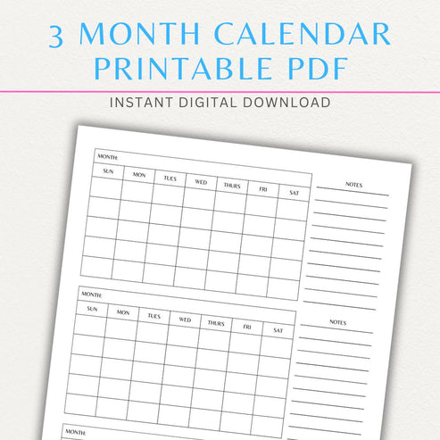 3-Month Calendar Printable Template | Digital Download for Quarterly ...