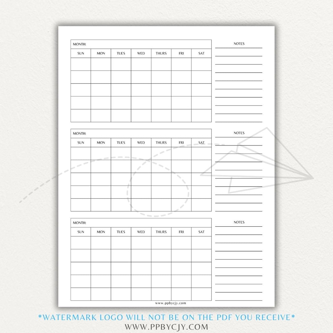 3-Month Calendar Printable Template with a clean layout for quarterly planning and scheduling.