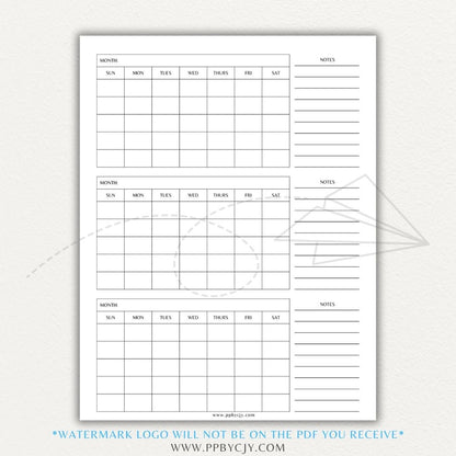 3-Month Calendar Printable Template with a clean layout for quarterly planning and scheduling.