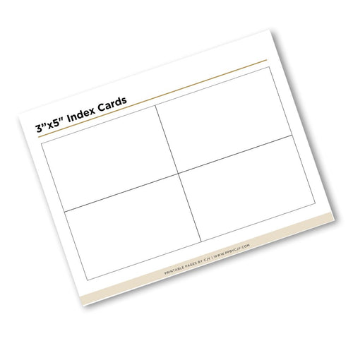 A single printable index card template shown at an angle on a white background. The card is labeled '3"x5" Index Cards' and has a four-panel grid layout with thin black lines and a light beige footer band.