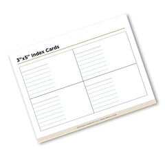 A single printable index card template shown at an angle on a white background. The card is labeled '3"x5" Index Cards' and has four lined quadrants with thin colored guide lines.