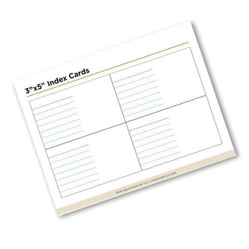 A single printable index card template shown at an angle on a white background. The card is labeled '3"x5" Index Cards' and has four lined quadrants with thin colored guide lines.