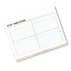 A single 3x5 index card shown at an angle on a white background. The card is white with light blue horizontal lines, a double-column grid, and a beige footer band.