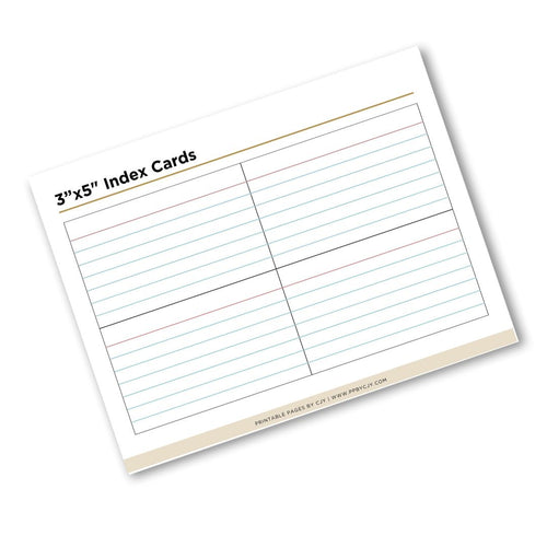 A single 3x5 index card shown at an angle on a white background. The card is white with light blue horizontal lines, a double-column grid, and a beige footer band.